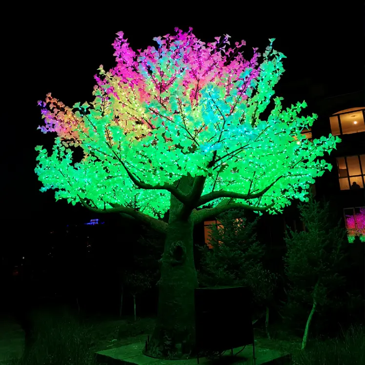 Large RGB Light Tree installed in city square, commercial outdoor color changing LED tree lighting project