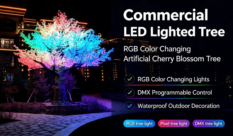 Commercial LED Lighted Tree, RGB pixel color changing artificial maple tree light with DMX programmable control, waterproof outdoor landscape decoration for park and event