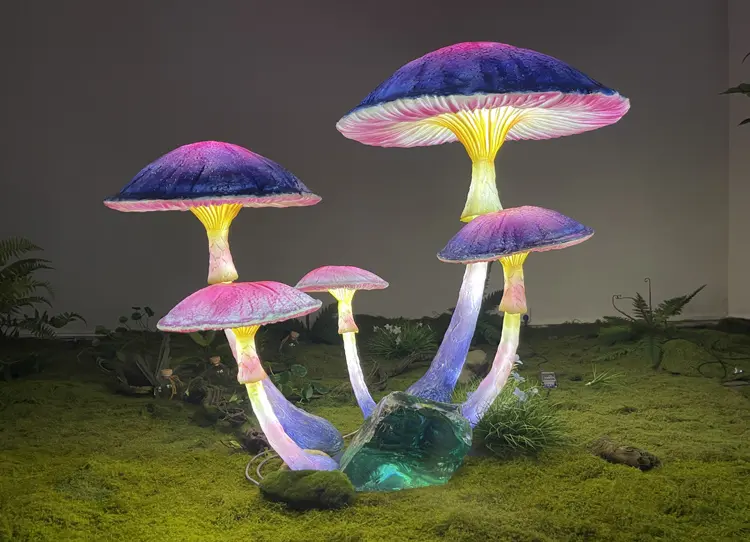 Giant Mushroom Light | Illuminated Fiberglass Mushroom Sculpture for Event & Park Decor 9 Giant mushroom light, waterproof fiberglass LED mushroom sculpture for landscape park decoration