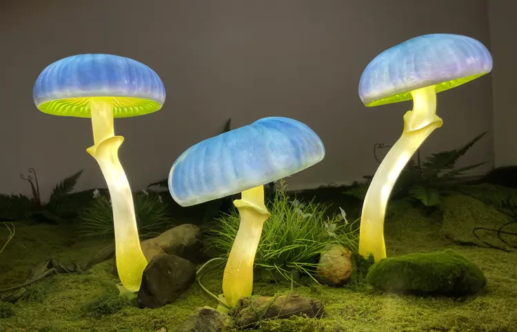 Custom Outdoor Mushroom Lights | Large Glowing Mushroom Decor for Garden & Event 10 Outdoor Mushroom Lights size chart, custom height resin mushroom light fixtures for commercial decoration