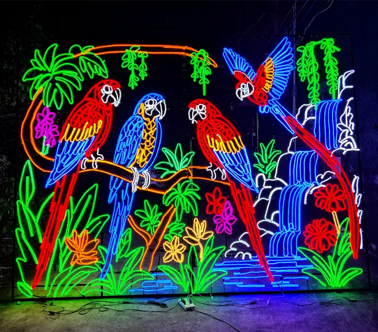 LED Parrot Neon Wall Art : IP65 Outdoor Tropical Jungle Light Mural for Light Festival Decor 3 Outdoor LED parrot Neon Wall Art for light festival decoration