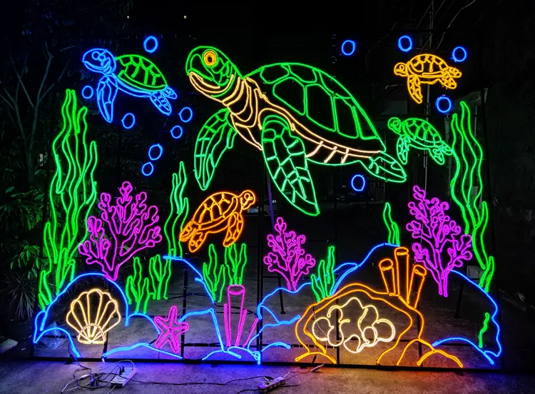 LED Sea Turtle Motif Light | Ocean Themed Underwater Festival Display 4 `Large ocean‑themed LED wireframe motif light, sea turtle underwater scene lighting for commercial park landscape and festival light show projects`