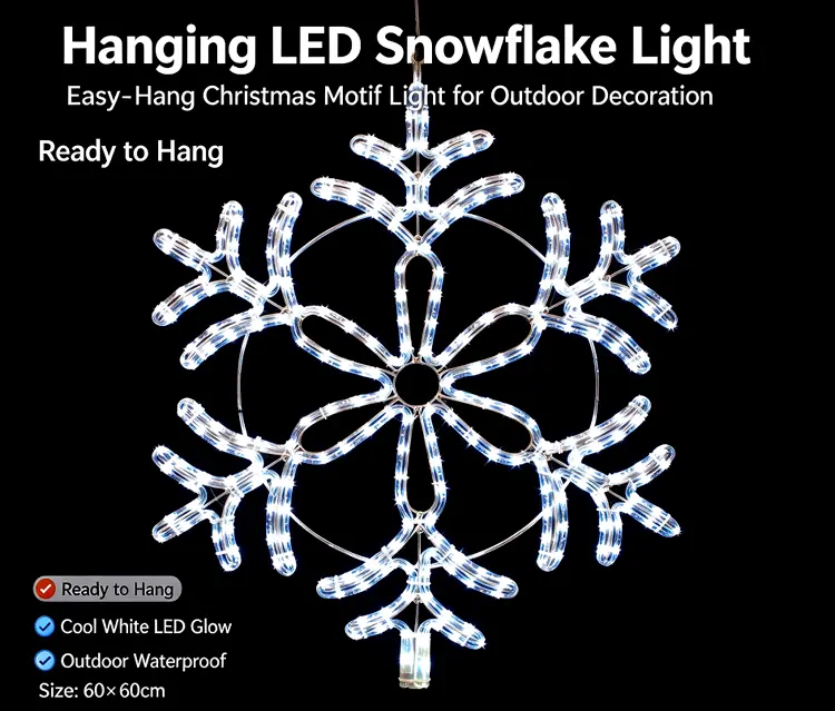 80cm Dual Color LED Snowflake Motif Light | Commercial Outdoor Hanging Christmas Decoration 7 60cm Hanging LED snowflake light, white LED rope light snowflake motif, outdoor waterproof christmas decorative light for city street and shopping mall display