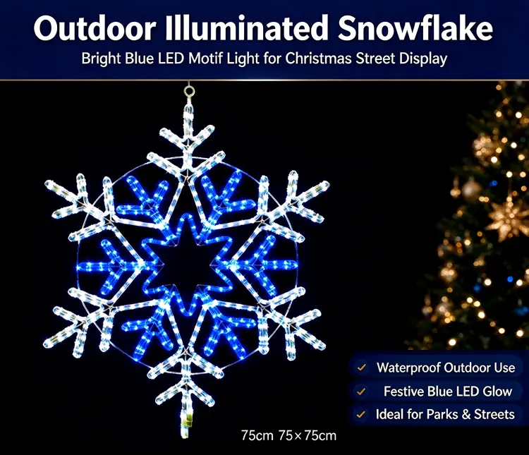 80cm Dual Color LED Snowflake Motif Light | Commercial Outdoor Hanging Christmas Decoration 6 75cm Outdoor illuminated snowflake, LED motif light, blue and white rope light snowflake decoration, waterproof hanging christmas light for park street holiday display