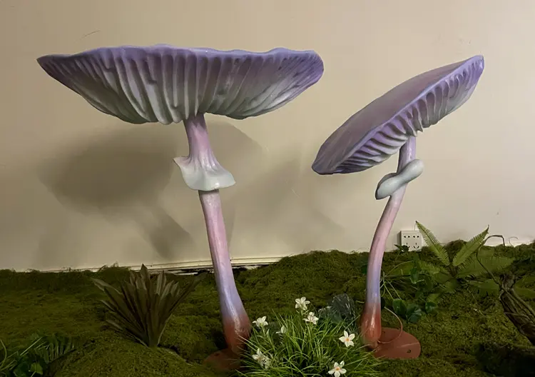 Glowing Mushroom Sculpture | Glowing Fiberglass Lighted Mushroom for Park Landscape 8 Glowing Mushroom Sculpture closeup, soft LED glow inside mushroom cap, fiberglass outdoor decorative sculpture