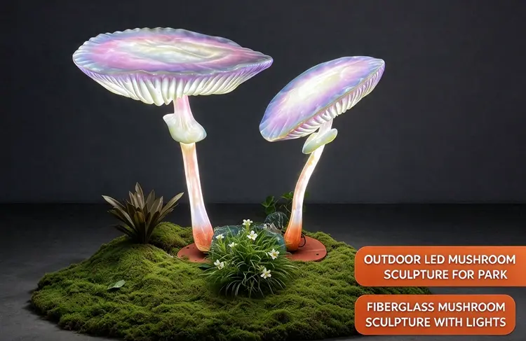 Glowing Mushroom Sculpture | Glowing Fiberglass Lighted Mushroom for Park Landscape 6 Large Glowing Mushroom Sculpture with built-in LED lights, outdoor fiberglass mushroom lamp for commercial park decoration