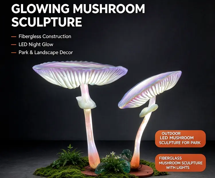 Glowing Mushroom Sculpture | Glowing Fiberglass Lighted Mushroom for Park Landscape 5 Glowing Mushroom Sculpture, fiberglass LED lighted mushroom statue, IP65 waterproof landscape decor for theme park and night tour project