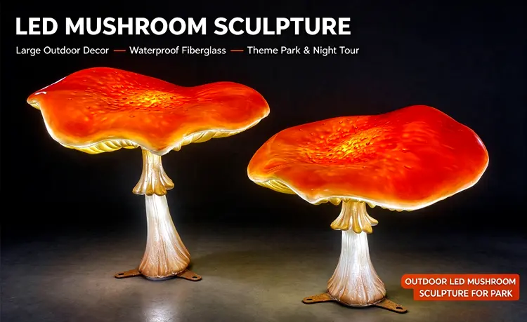 Large LED Mushroom Sculpture | Outdoor Glowing Mushroom Decor for Garden & Event 8 LED Mushroom Sculpture metal mounting base, waterproof outdoor mushroom light for landscape project