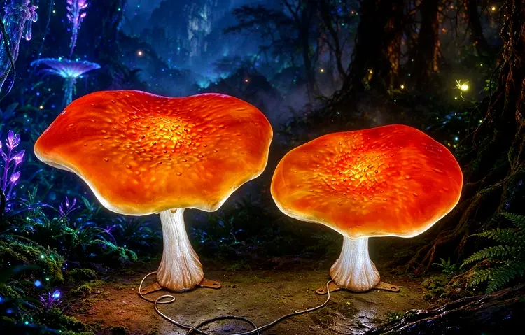 Large LED Mushroom Sculpture | Outdoor Glowing Mushroom Decor for Garden & Event 7 Large LED Mushroom Sculpture closeup, glowing red mushroom cap outdoor landscape light