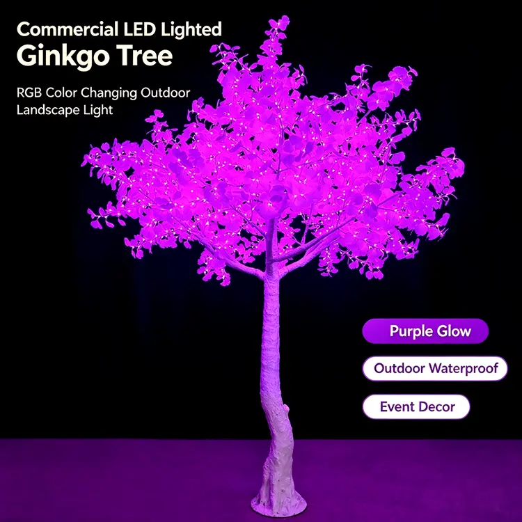 Commercial LED Lighted Ginkgo Tree | Outdoor Garden Wedding Landscape Decor Tree Light 8 Purple RGB Commercial LED Ginkgo Tree Light, glowing artificial ginkgo tree, IP65 waterproof for outdoor landscape and event decor