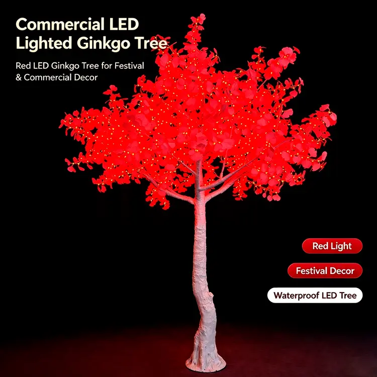 Commercial LED Lighted Ginkgo Tree | Outdoor Garden Wedding Landscape Decor Tree Light 7 Red Commercial LED Ginkgo Tree Light, glowing artificial tree, outdoor waterproof decorative tree for holiday display